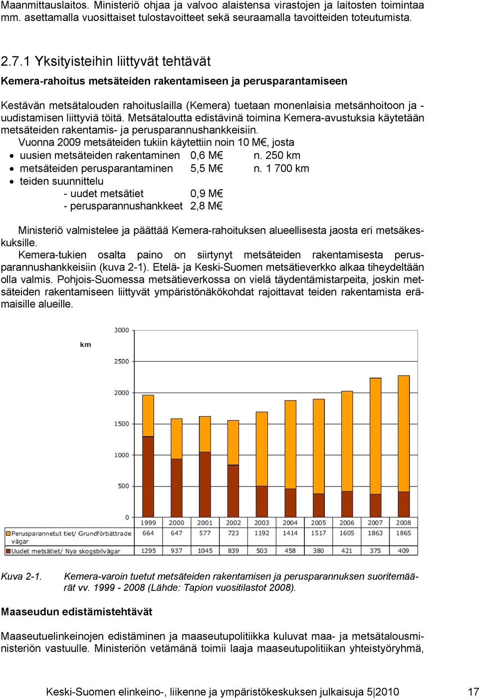 liittyviä töitä. Metsätaloutta edistävinä toimina Kemera-avustuksia käytetään metsäteiden rakentamis- ja perusparannushankkeisiin.