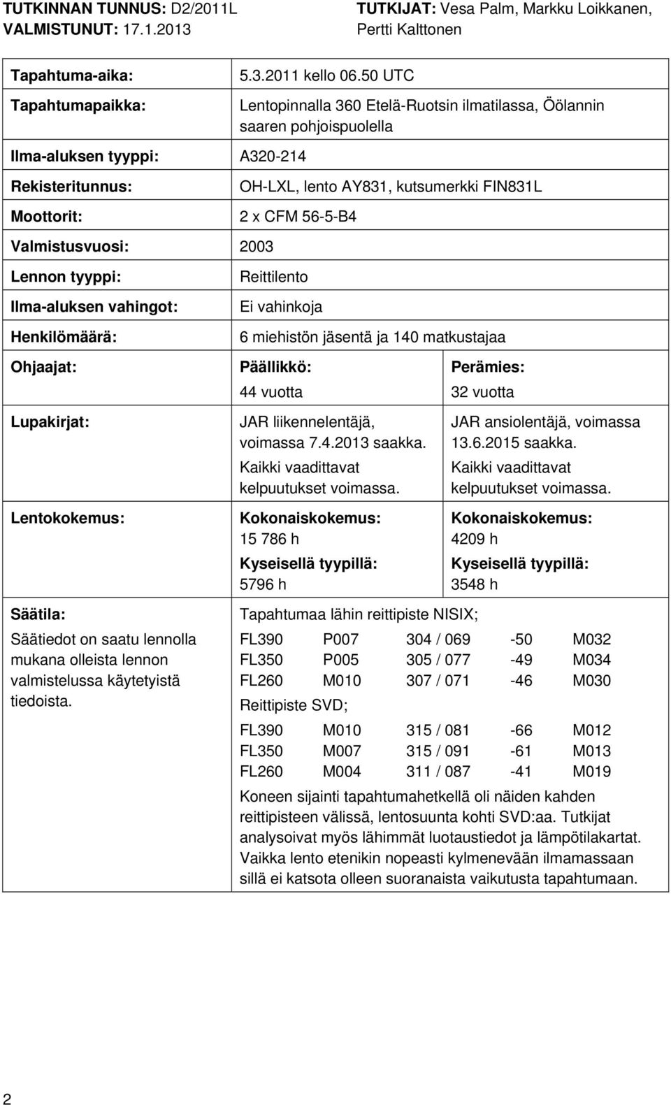 2 x CFM 56-5-B4 Valmistusvuosi: 2003 Lennon tyyppi: Ilma-aluksen vahingot: Henkilömäärä: Reittilento Ei vahinkoja 6 miehistön jäsentä ja 140 matkustajaa Ohjaajat: Lupakirjat: Lentokokemus: Päällikkö: