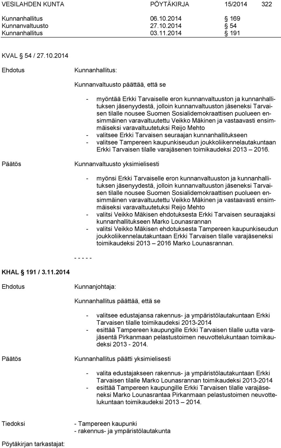 2014 54 Kunnanhallitus 03.11.2014 191 KVAL 54 / 27.10.