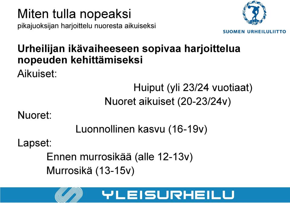 Aikuiset: Huiput (yli 23/24 vuotiaat) Nuoret aikuiset (20-23/24v) Nuoret: