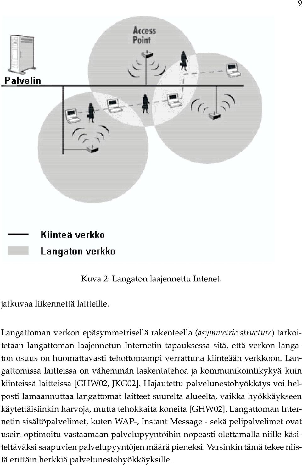 verrattuna kiinteään verkkoon. Langattomissa laitteissa on vähemmän laskentatehoa ja kommunikointikykyä kuin kiinteissä laitteissa [GHW02, JKG02].