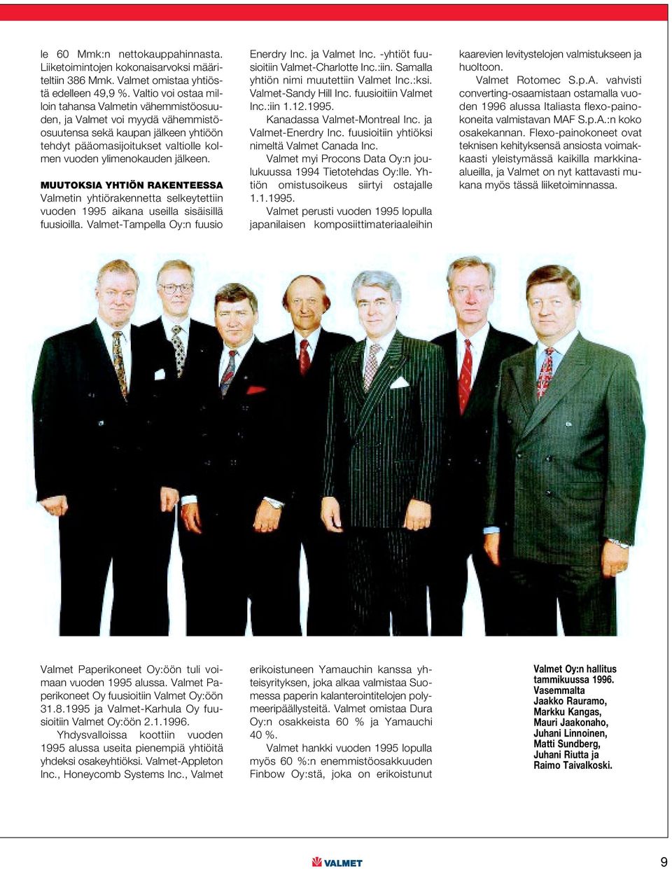 MUUTOKSIA YHTIÖN RAKENTEESSA Valmetin yhtiörakennetta selkeytettiin vuoden 1995 aikana useilla sisäisillä fuusioilla. Valmet-Tampella Oy:n fuusio Enerdry Inc. ja Valmet Inc.