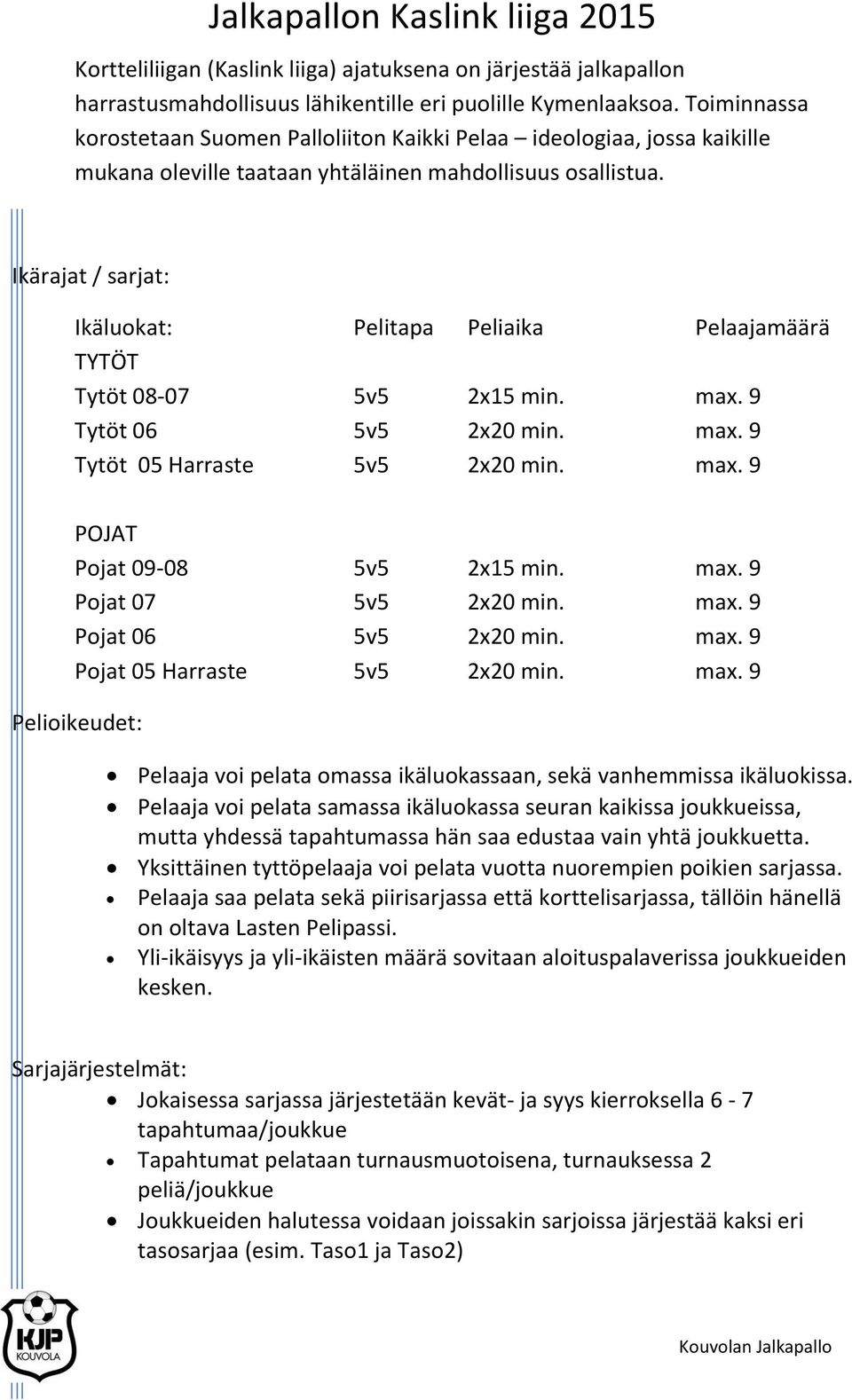 Ikärajat / sarjat: Ikäluokat: Pelitapa Peliaika Pelaajamäärä TYTÖT Tytöt 08-07 5v5 2x15 min. max. 9 Tytöt 06 5v5 2x20 min. max. 9 Tytöt 05 Harraste 5v5 2x20 min. max. 9 POJAT Pojat 09-08 5v5 2x15 min.