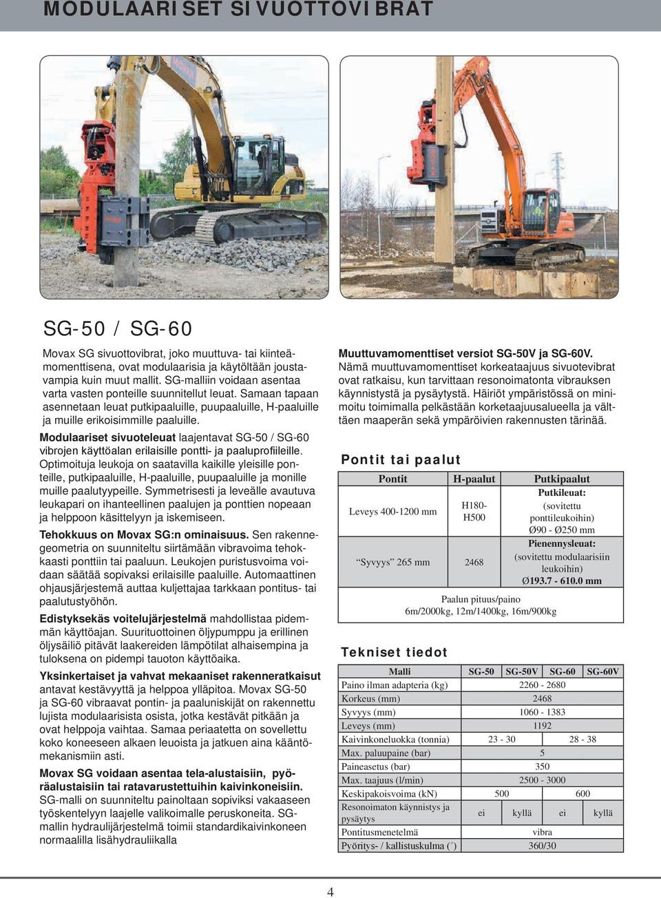 Modulaariset sivuoteleuat laajentavat SG-50 / SG-60 vibrojen käyttöalan erilaisille pontti- ja paaluprofiileille.
