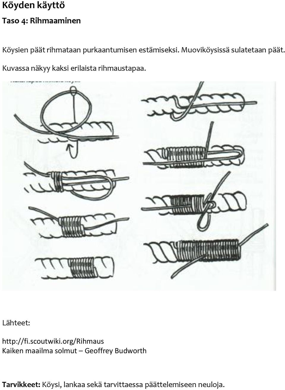 Kuvassa näkyy kaksi erilaista rihmaustapaa. Lähteet: http://fi.scoutwiki.