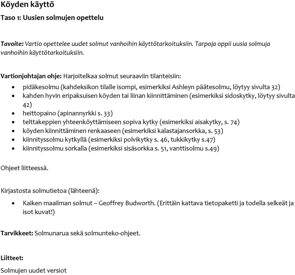 liinan kiinnittäminen (esimerkiksi sidoskytky, löytyy sivulta 42) heittopaino (apinannyrkki s. 33) telttakeppien yhteenköyttämiseen sopiva kytky (esimerkiksi aisakytky, s.