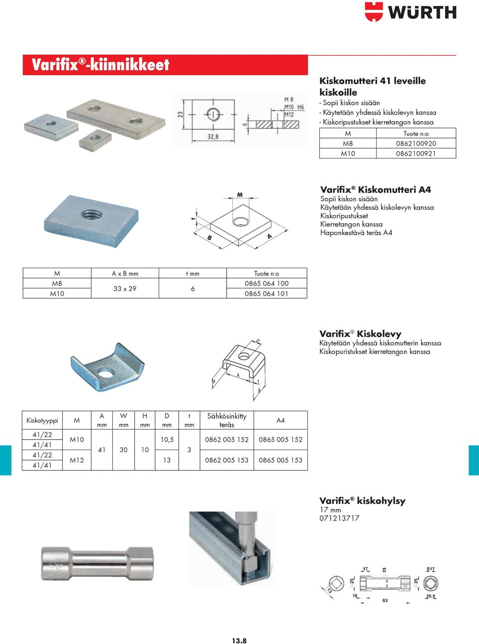 M A x B t M8 0865 064 100 33 x 29 6 M10 0865 064 101 Varifix Kiskolevy Käytetään yhdessä kiskomutterin kanssa Kiskopuristukset kierretangon kanssa Kiskotyyppi 41/22