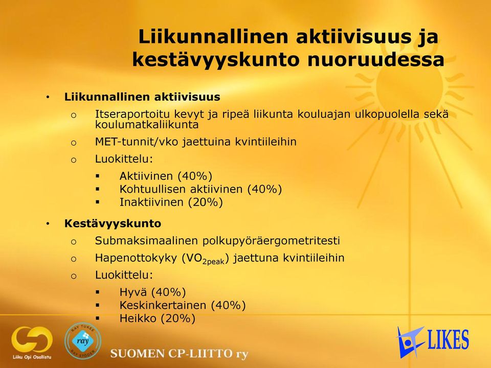 Aktiivinen (40%) Kohtuullisen aktiivinen (40%) Inaktiivinen (20%) Kestävyyskunto o o o Submaksimaalinen