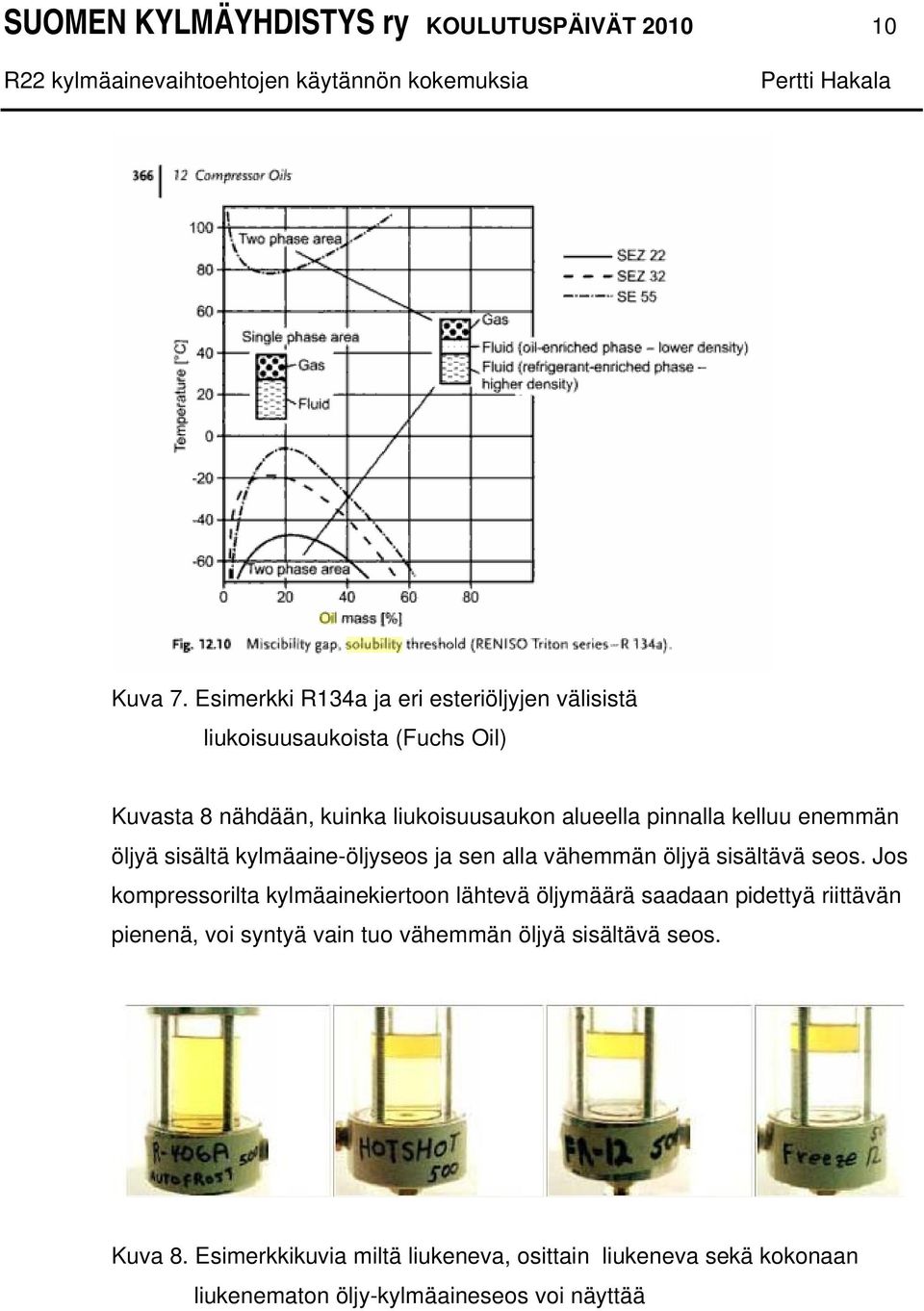 pinnalla kelluu enemmän öljyä sisältä kylmäaine-öljyseos ja sen alla vähemmän öljyä sisältävä seos.
