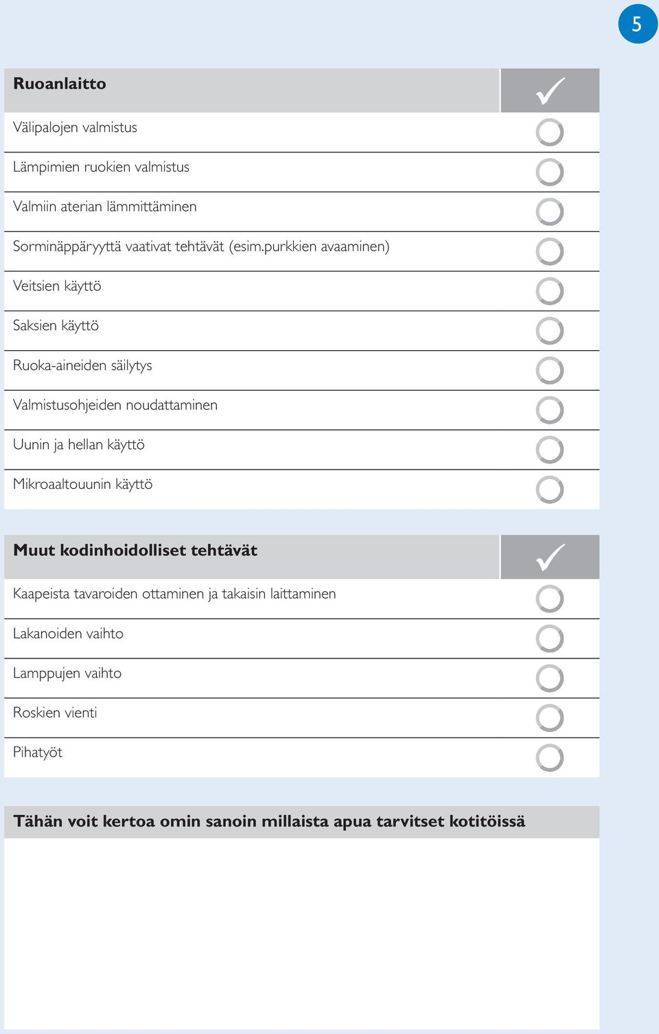 purkkien avaaminen) Veitsien käyttö Saksien käyttö Ruoka-aineiden säilytys Valmistusohjeiden noudattaminen Uunin ja hellan