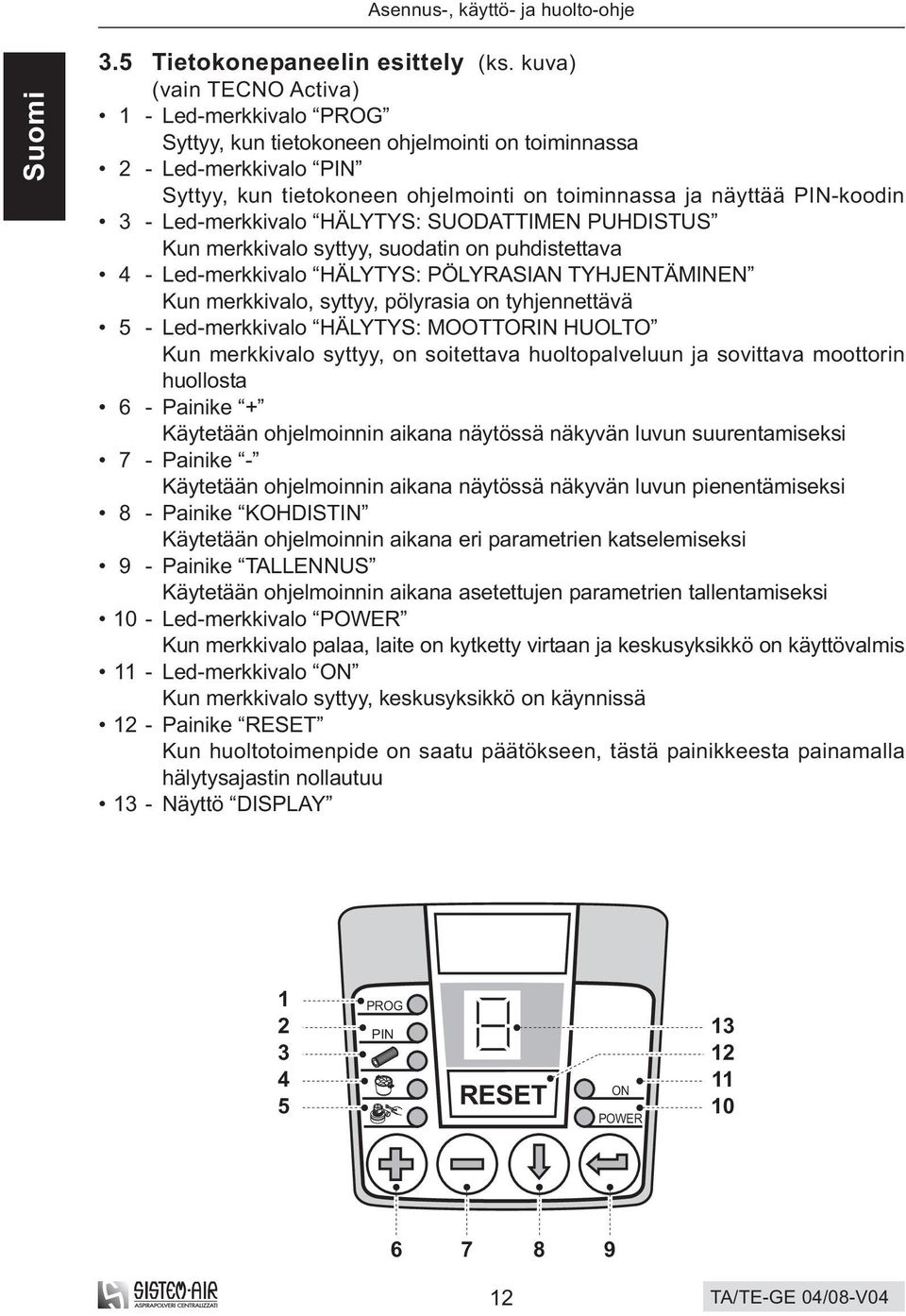 - Led-merkkivalo HÄLYTYS: SUODATTIMEN PUHDISTUS Kun merkkivalo syttyy, suodatin on puhdistettava 4 - Led-merkkivalo HÄLYTYS: PÖLYRASIAN TYHJENTÄMINEN Kun merkkivalo, syttyy, pölyrasia on