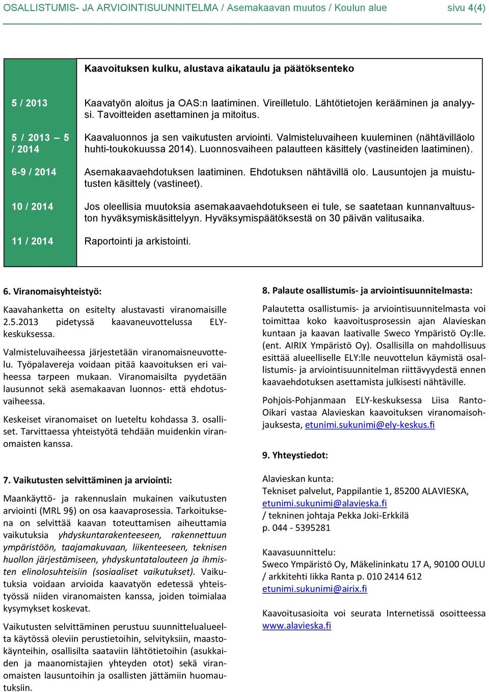 Valmisteluvaiheen kuuleminen (nähtävilläolo huhti-toukokuussa 2014). Luonnosvaiheen palautteen käsittely (vastineiden laatiminen). Asemakaavaehdotuksen laatiminen. Ehdotuksen nähtävillä olo.