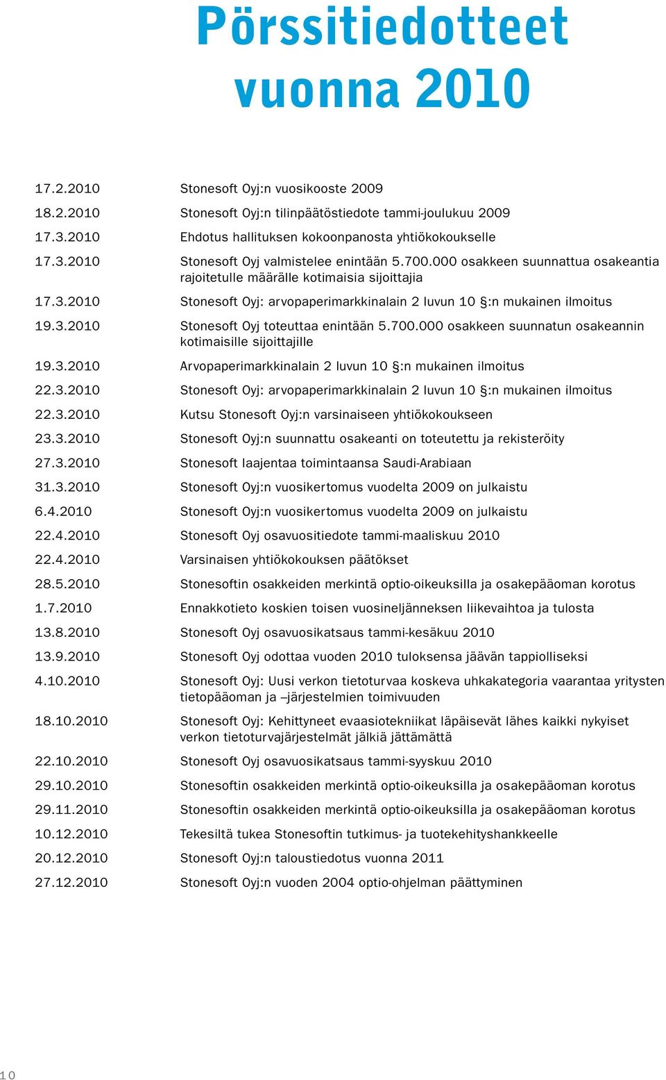 3.2010 Stonesoft Oyj toteuttaa enintään 5.700.000 osakkeen suunnatun osakeannin kotimaisille sijoittajille 19.3.2010 Arvopaperimarkkinalain 2 luvun 10 :n mukainen ilmoitus 22.3.2010 Stonesoft Oyj: arvopaperimarkkinalain 2 luvun 10 :n mukainen ilmoitus 22.