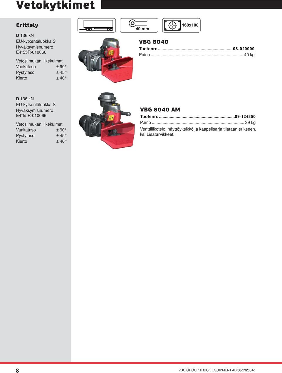 .. 40 kg D 136 kn EU-kytkentäluokka S E4*55R-010066 Vetosilmukan liikekulmat Vaakataso ± 90 Pystytaso ± 45