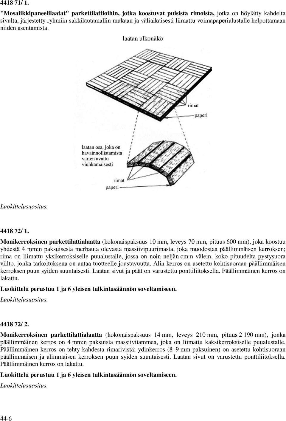 voimapaperialustalle helpottamaan niiden asentamista. laatan ulkonäkö Luokittelusuositus. 4418 72/ 1.