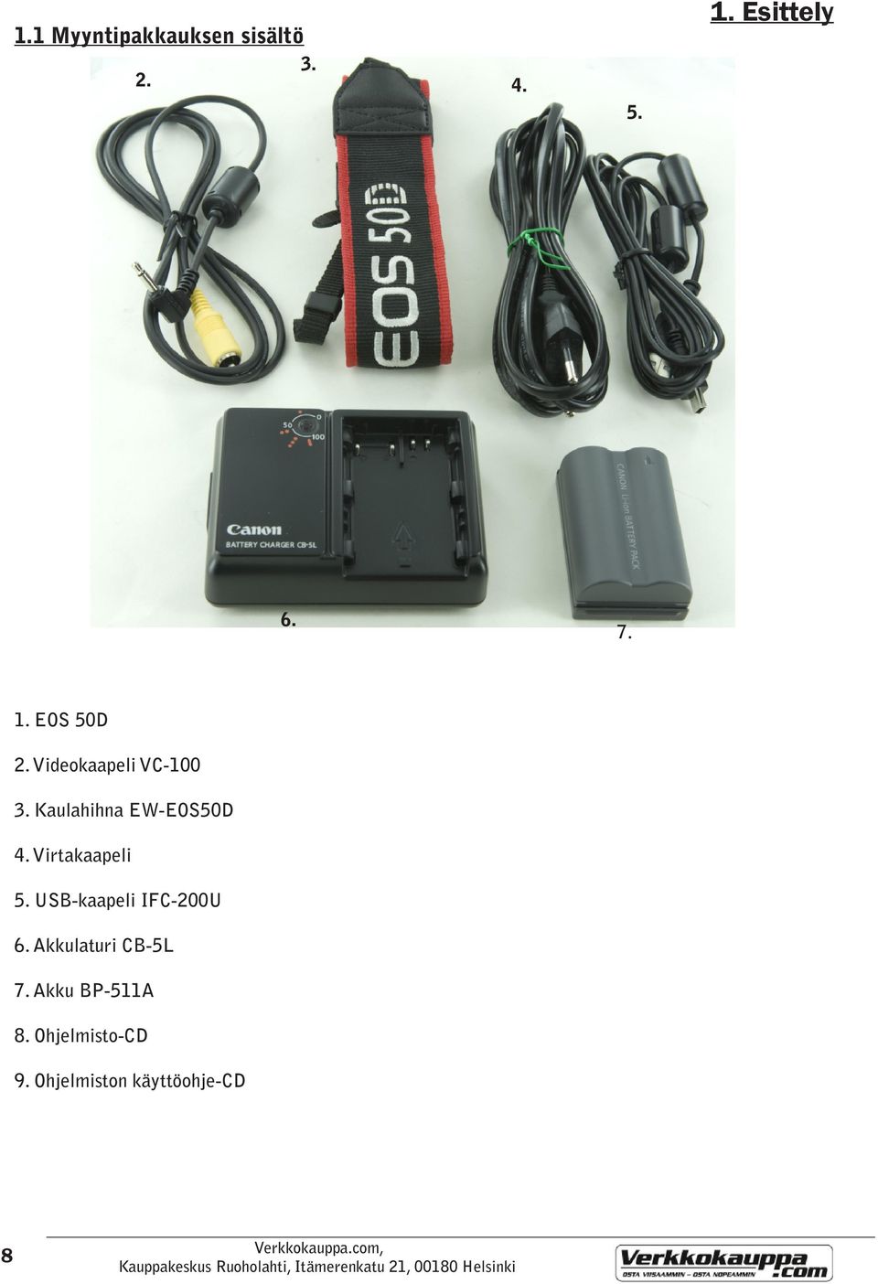 Virtakaapeli 5. USB-kaapeli IFC-200U 6. Akkulaturi CB-5L 7.