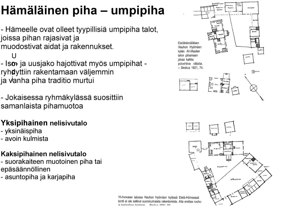 U m p i - Iso- ja uusjako hajottivat myös umpipihat - ryhdyttiin rakentamaan väljemmin ja vanha piha traditio murtui -