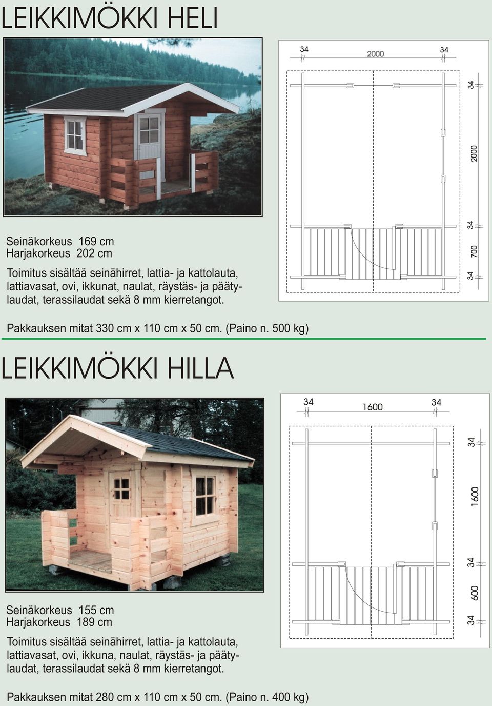 500 kg) LEIKKIMÖKKI HILLA 1600 1600 Seinäkorkeus 155 cm Harjakorkeus 189 cm 600 lattiavasat, ovi, ikkuna, naulat,