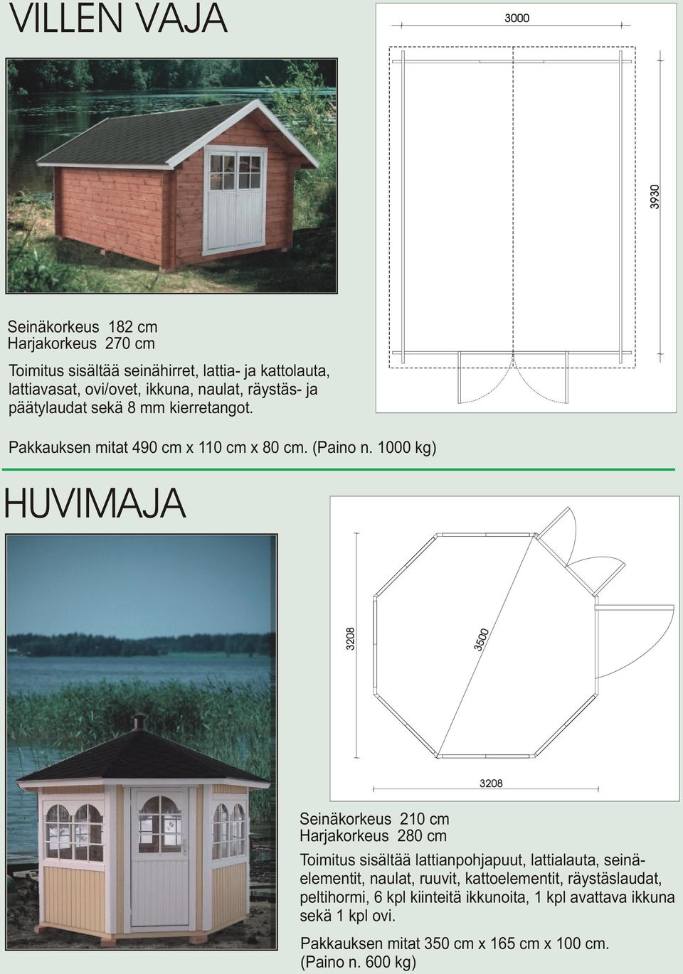 1000 kg) HUVIMAJA 3500 3208 Seinäkorkeus 210 cm Harjakorkeus 280 cm Toimitus sisältää lattianpohjapuut, lattialauta,