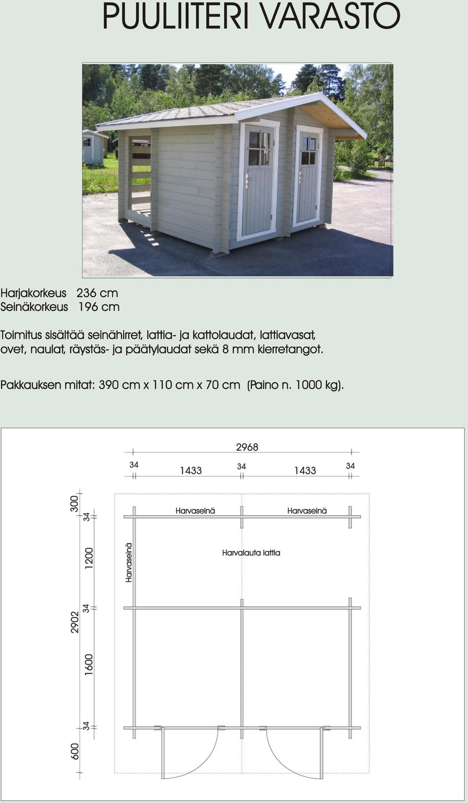 kierretangot. Pakkauksen mitat: 390 cm x 110 cm x 70 cm (Paino n. 1000 kg).