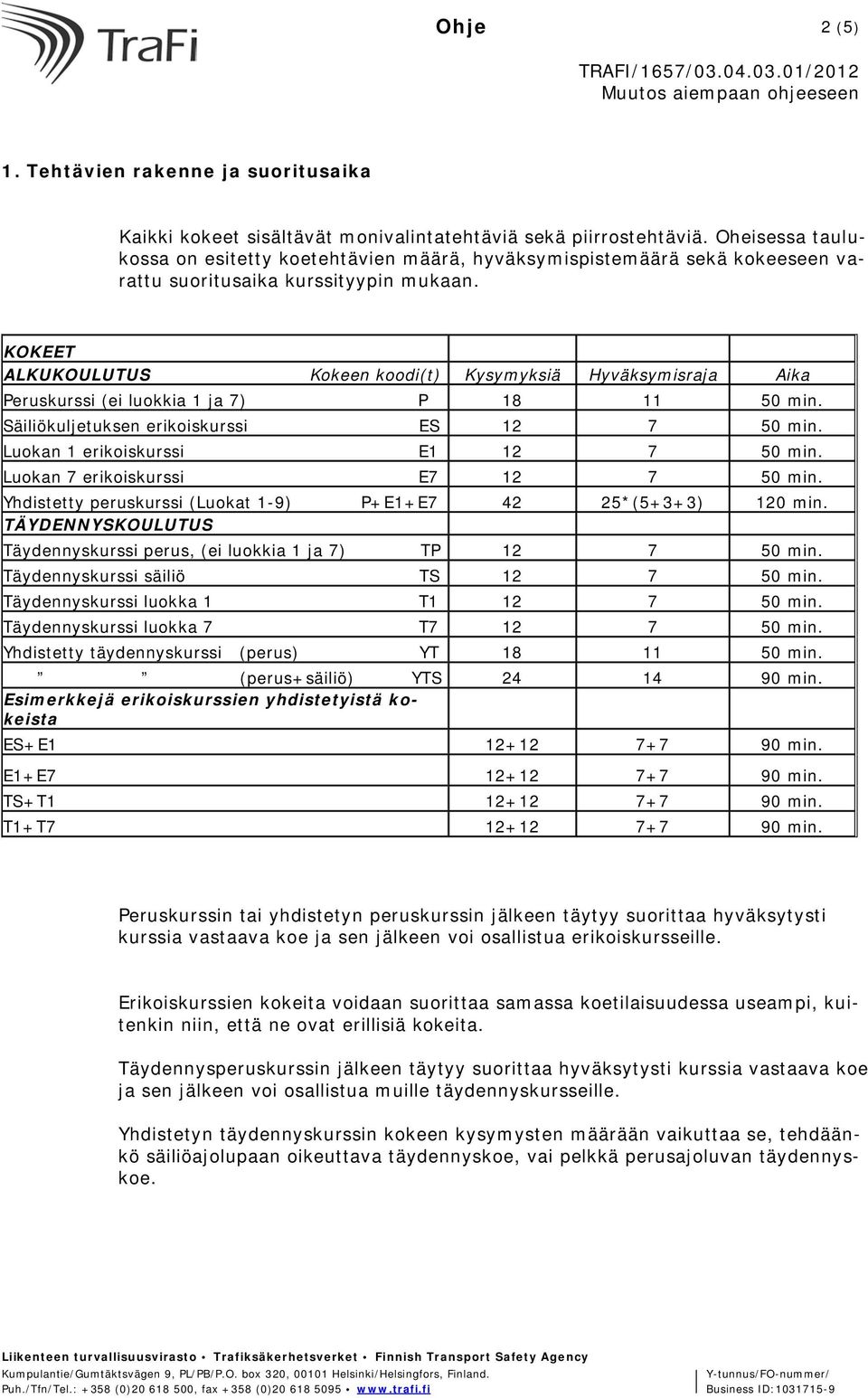 KOKEET ALKUKOULUTUS Kokeen koodi(t) Kysymyksiä Hyväksymisraja Aika Peruskurssi (ei luokkia 1 ja 7) P 18 11 50 min. Säiliökuljetuksen erikoiskurssi ES 12 7 50 min.