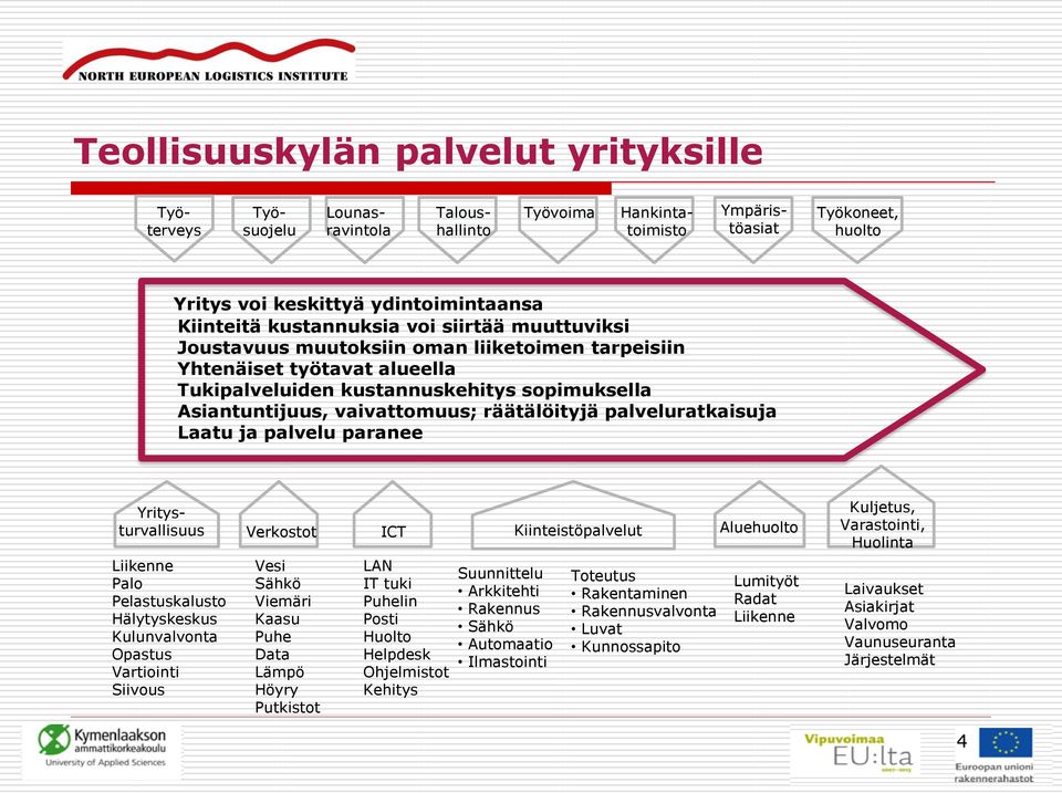 räätälöityjä palveluratkaisuja Laatu ja palvelu paranee Yritysturvallisuus Verkostot ICT Kiinteistöpalvelut Aluehuolto Liikenne Palo Pelastuskalusto Hälytyskeskus Kulunvalvonta Opastus Vartiointi