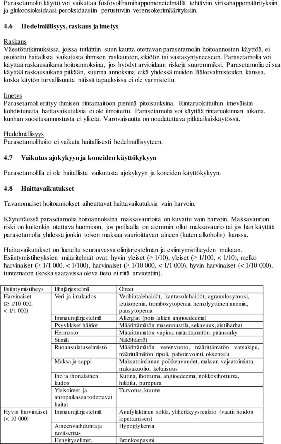 sikiöön tai vastasyntyneeseen. Parasetamolia voi käyttää raskausaikana hoitoannoksina, jos hyödyt arvioidaan riskejä suuremmiksi.
