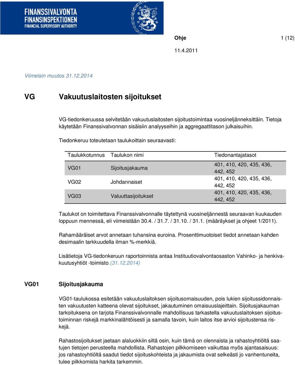 Tiedonkeruu toteutetaan taulukoittain seuraavasti: Taulukkotunnus Taulukon nimi Tiedonantajatasot VG01 VG02 VG03 Sijoitusjakauma Johdannaiset Valuuttasijoitukset 401, 410, 420, 435, 436, 442, 452