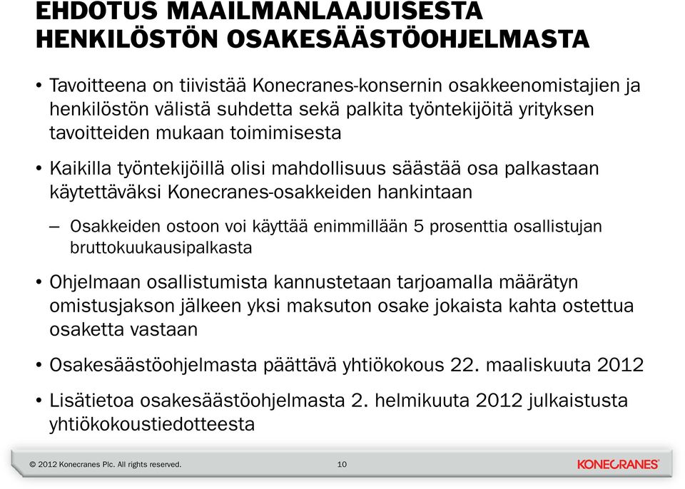 ostoon voi käyttää enimmillään 5 prosenttia osallistujan bruttokuukausipalkasta Ohjelmaan osallistumista kannustetaan tarjoamalla määrätyn omistusjakson jälkeen yksi maksuton osake