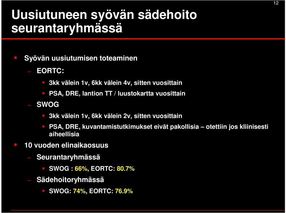 2v, sitten vuosittain PSA, DRE, kuvantamistutkimukset eivät pakollisia otettiin jos kliinisesti