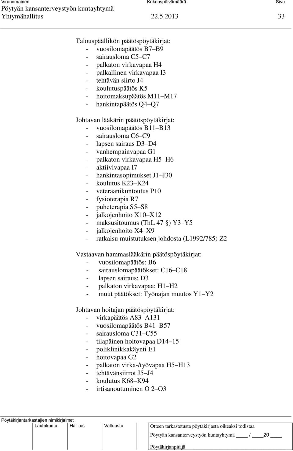 M11 M17 - hankintapäätös Q4 Q7 Johtavan lääkärin päätöspöytäkirjat: - vuosilomapäätös B11 B13 - sairausloma C6 C9 - lapsen sairaus D3 D4 - vanhempainvapaa G1 - palkaton virkavapaa H5 H6 -