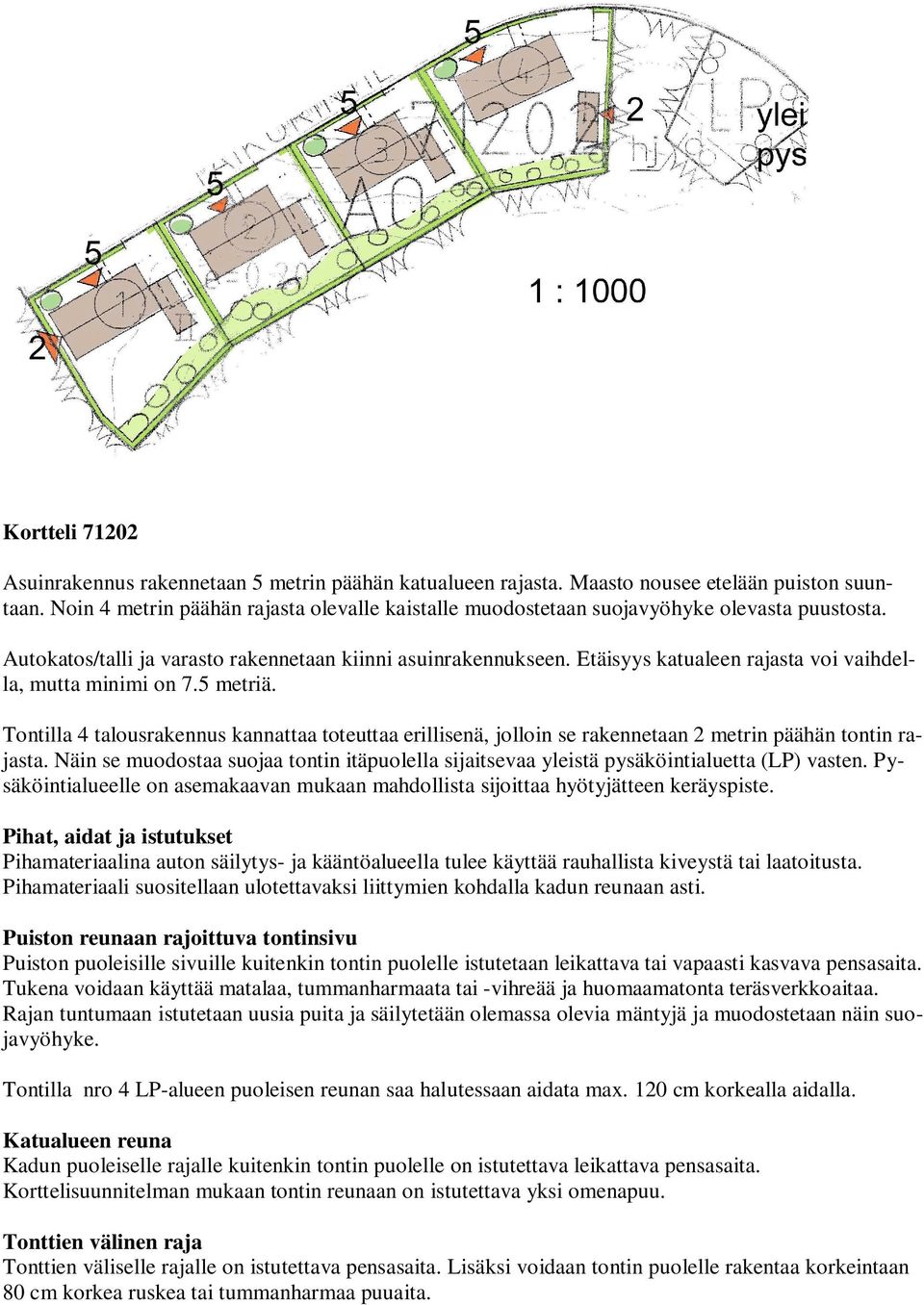 Etäisyys katualeen rajasta voi vaihdella, mutta minimi on 7.5 metriä. Tontilla 4 talousrakennus kannattaa toteuttaa erillisenä, jolloin se rakennetaan 2 metrin päähän tontin rajasta.