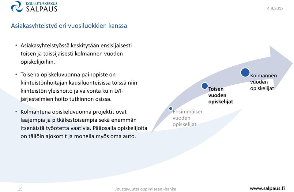 tutkinnon osissa. Kolmantena opiskeluvuonna projektit ovat laajempia ja pitkäkestoisempia sekä enemmän itsenäistä työotetta vaativia.