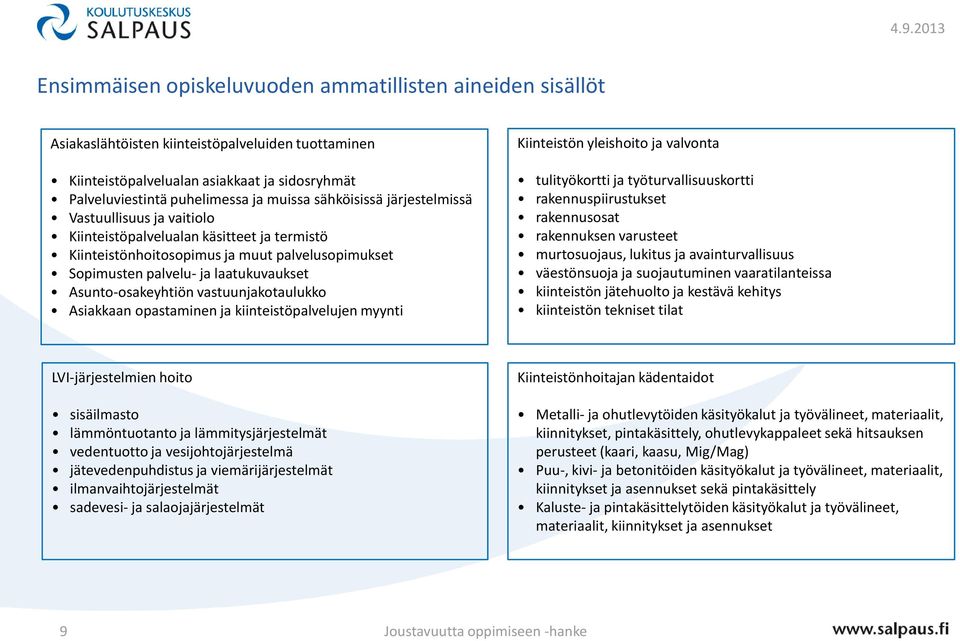 Asunto-osakeyhtiön vastuunjakotaulukko Asiakkaan opastaminen ja kiinteistöpalvelujen myynti Kiinteistön yleishoito ja valvonta tulityökortti ja työturvallisuuskortti rakennuspiirustukset rakennusosat