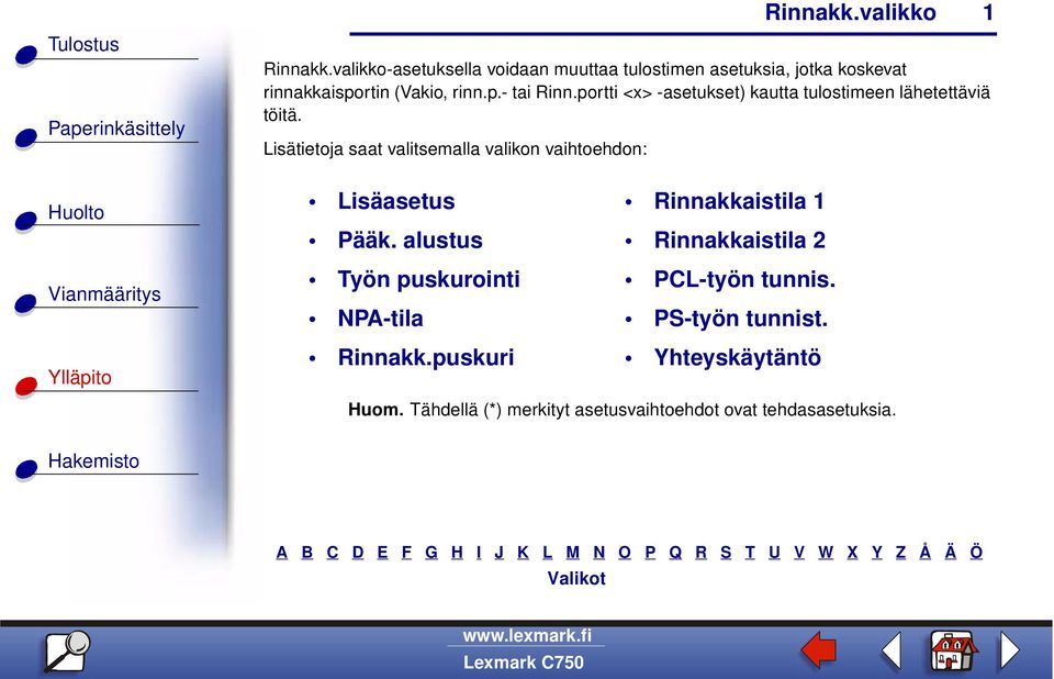 Lisätietoja saat valitsemalla valikon vaihtoehdon: 1 Lisäasetus Pääk.