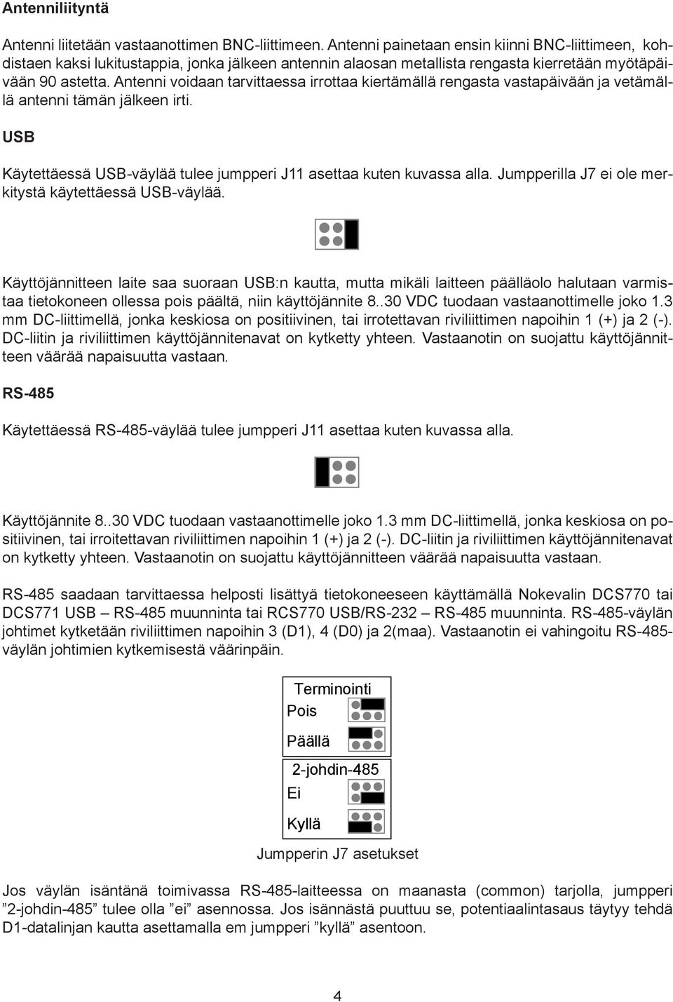 Antenni voidaan tarvittaessa irrottaa kiertämällä rengasta vastapäivään ja vetämällä antenni tämän jälkeen irti. USB Käytettäessä USB-väylää tulee jumpperi J11 asettaa kuten kuvassa alla.