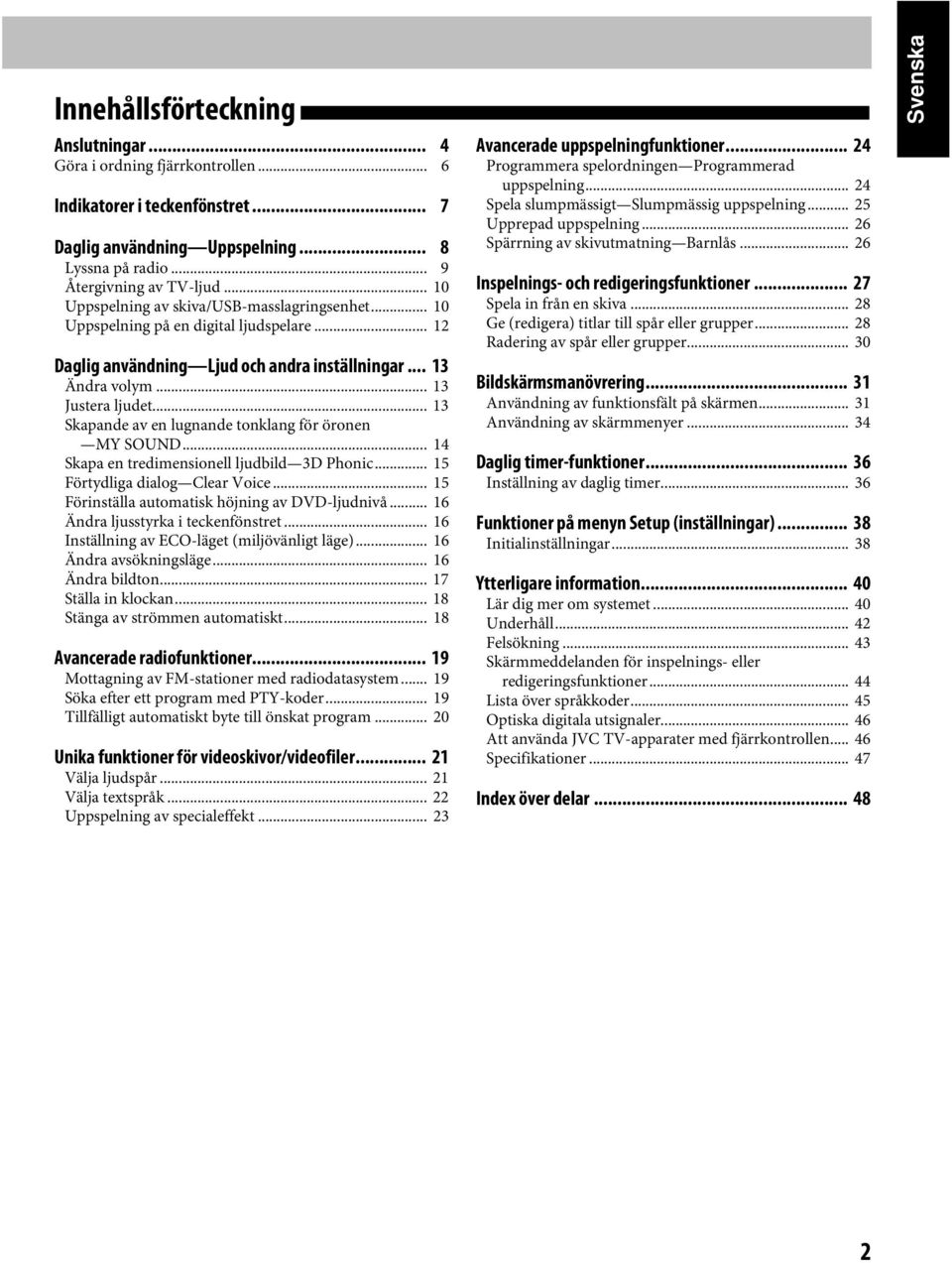 .. 13 Skapande av en lugnande tonklang för öronen MY SOUND... 14 Skapa en tredimensionell ljudbild 3D Phonic... 15 Förtydliga dialog Clear Voice... 15 Förinställa automatisk höjning av DVD-ljudnivå.