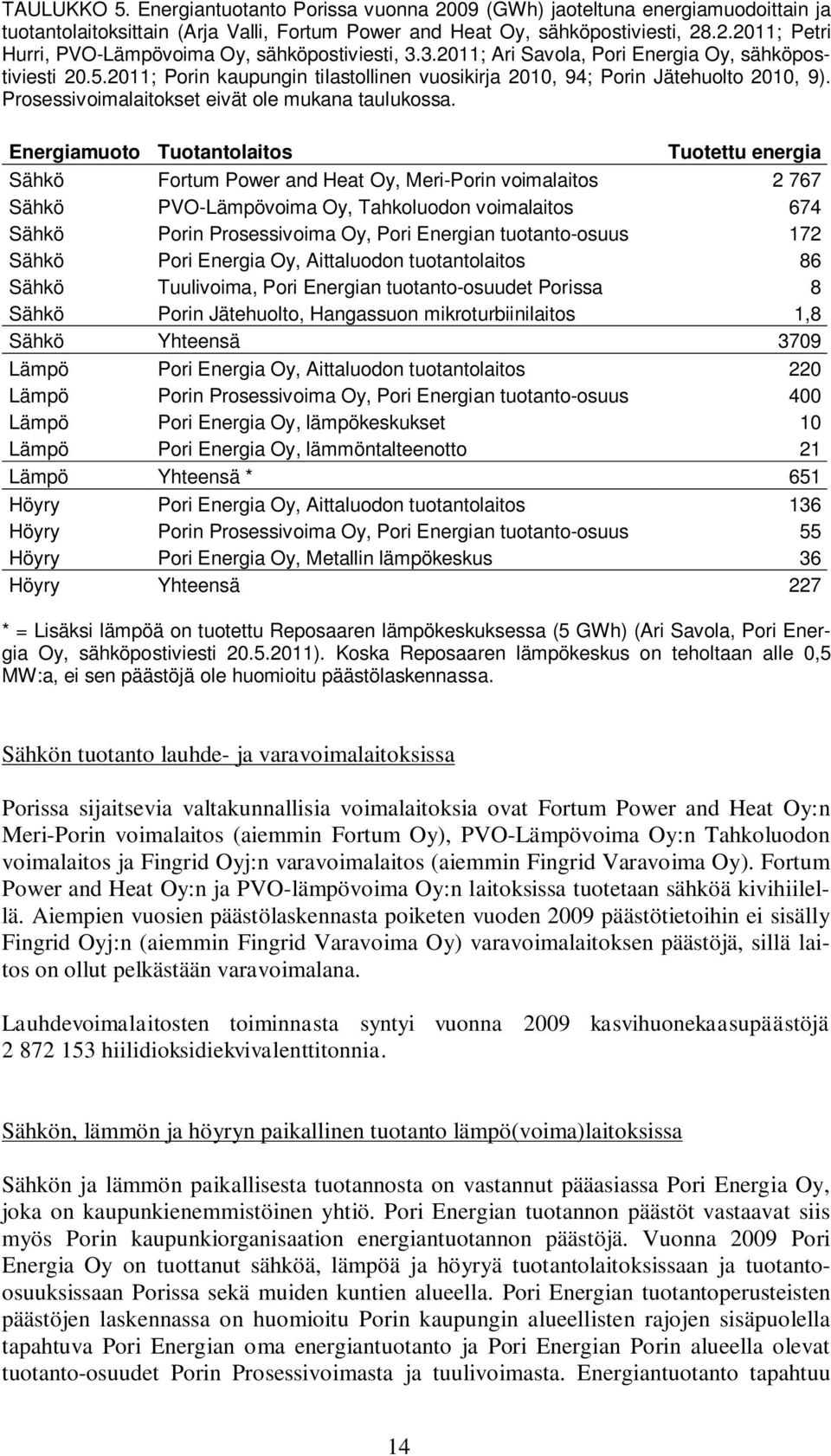 Energiamuoto Tuotantolaitos Tuotettu energia Sähkö Fortum Power and Heat Oy, Meri-Porin voimalaitos 2 767 Sähkö PVO-Lämpövoima Oy, Tahkoluodon voimalaitos 674 Sähkö Porin Prosessivoima Oy, Pori