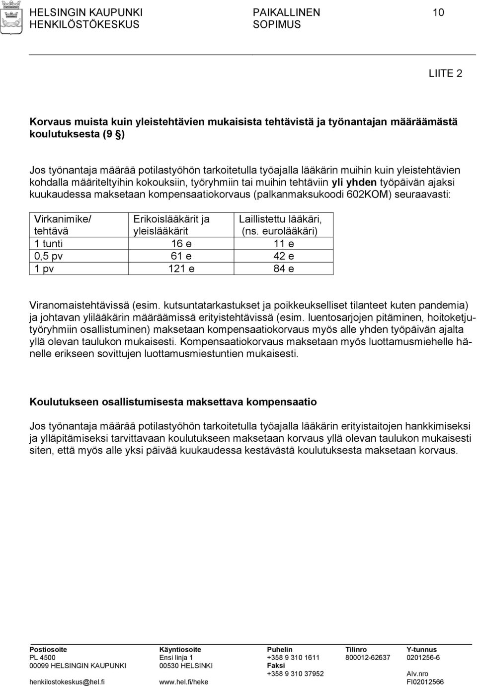 (palkanmaksukoodi 602KOM) seuraavasti: Virkanimike/ tehtävä Erikoislääkärit ja yleislääkärit Laillistettu lääkäri, (ns.