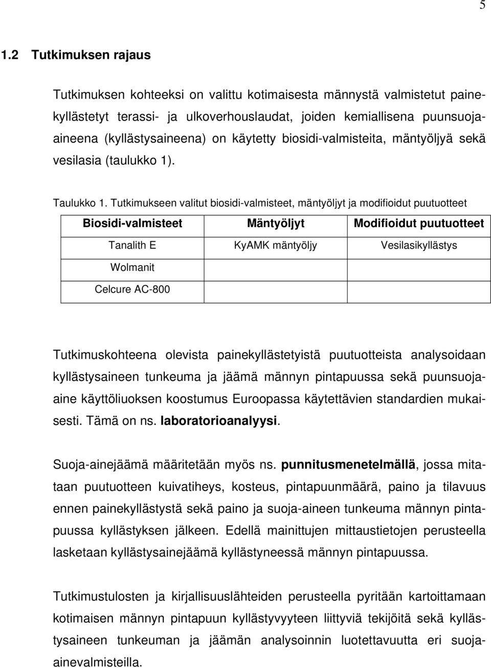 Tutkimukseen valitut biosidi-valmisteet, mäntyöljyt ja modifioidut puutuotteet Biosidi-valmisteet Mäntyöljyt Modifioidut puutuotteet Tanalith E KyAMK mäntyöljy Vesilasikyllästys Wolmanit Celcure