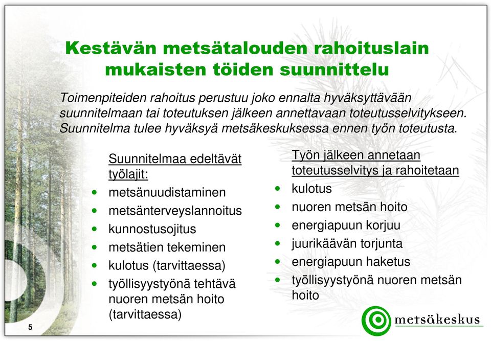 5 Suunnitelmaa edeltävät työlajit: metsänuudistaminen metsänterveyslannoitus kunnostusojitus metsätien tekeminen kulotus (tarvittaessa) työllisyystyönä tehtävä