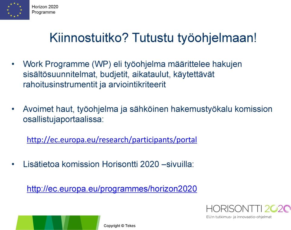 käytettävät rahoitusinstrumentit ja arviointikriteerit Avoimet haut, työohjelma ja sähköinen