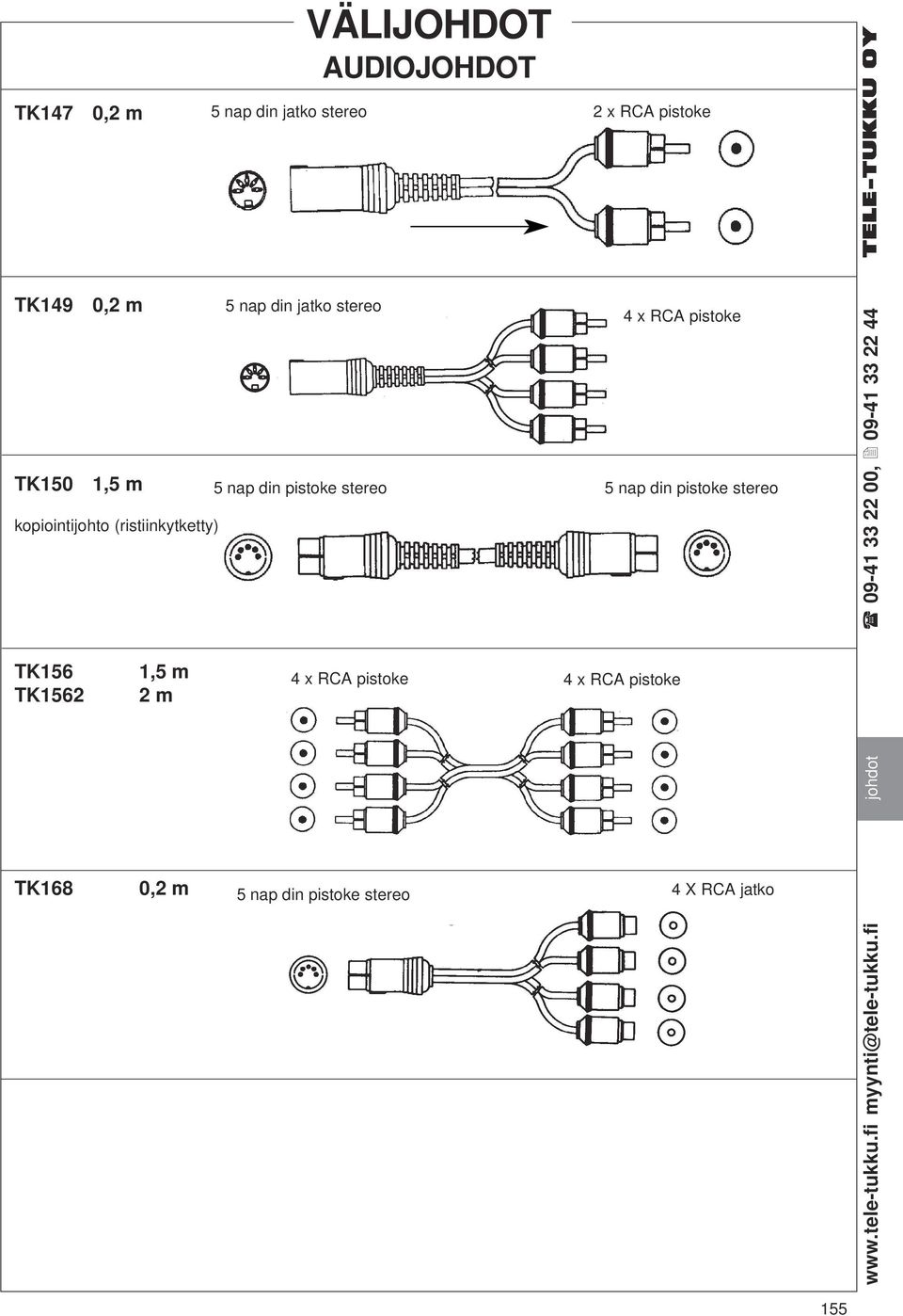 din pistoke stereo kopiointijohto (ristiinkytketty) TK156 TK1562 2 m 4 x RCA