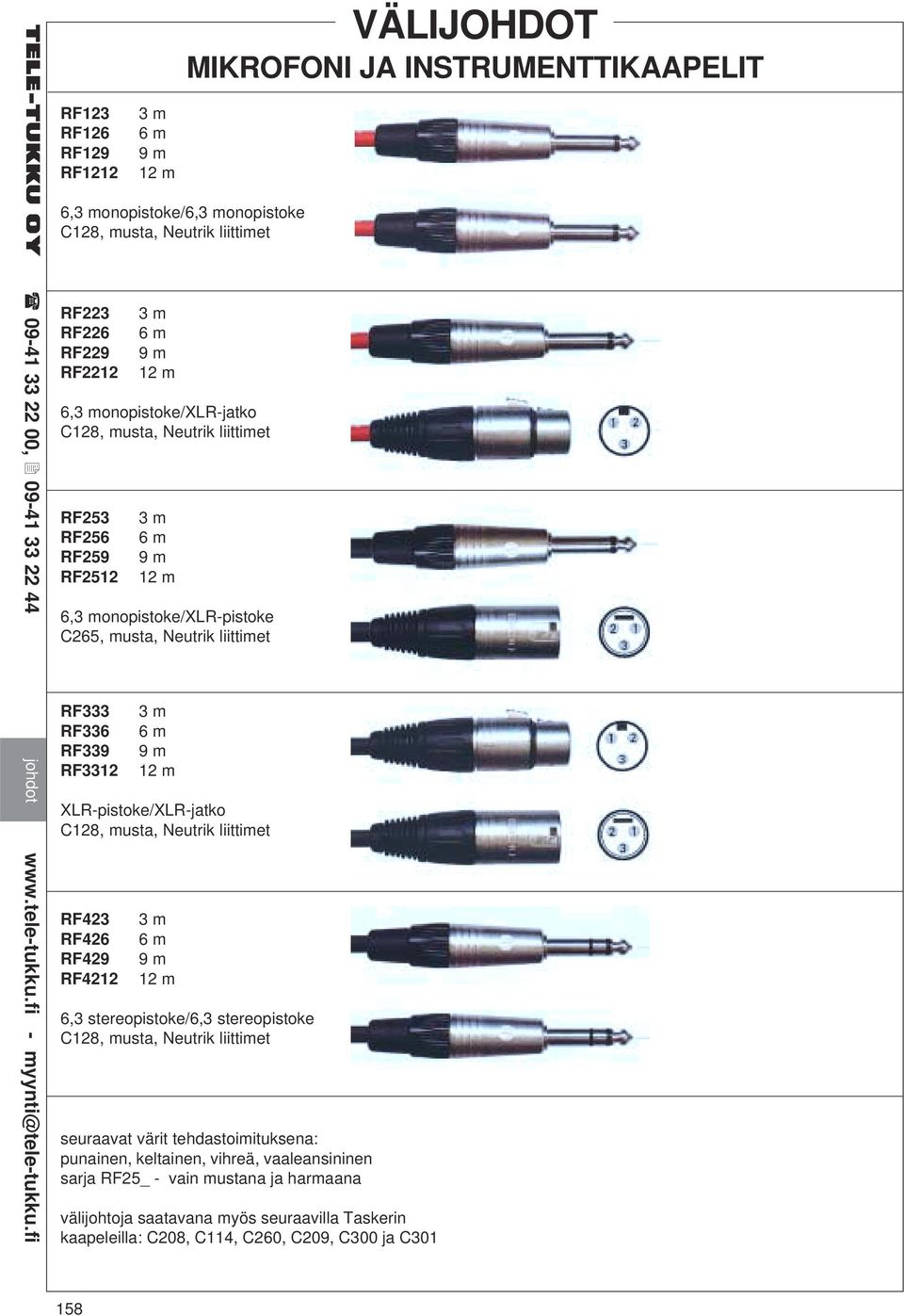 musta, Neutrik liittimet RF423 RF426 RF429 RF4212 6 m 9 m 12 m 6,onopistoke/XLR-pistoke C265, musta, Neutrik liittimet 6 m 9 m 12 m 6,3 stereopistoke/6,3 stereopistoke C128, musta, Neutrik