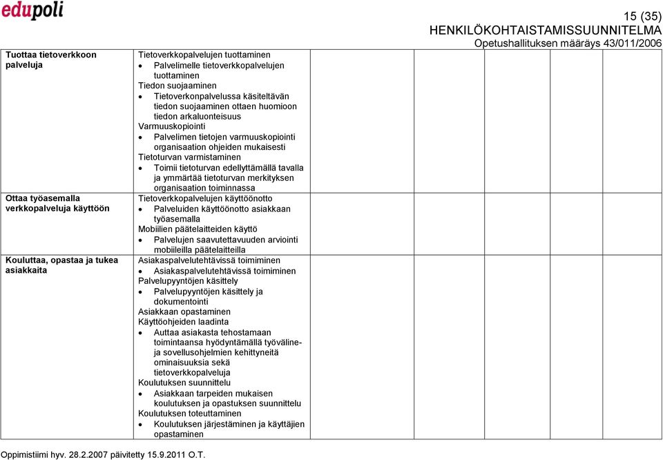 Tietoturvan varmistaminen Toimii tietoturvan edellyttämällä tavalla ja ymmärtää tietoturvan merkityksen organisaation toiminnassa Tietoverkkopalvelujen käyttöönotto Palveluiden käyttöönotto asiakkaan