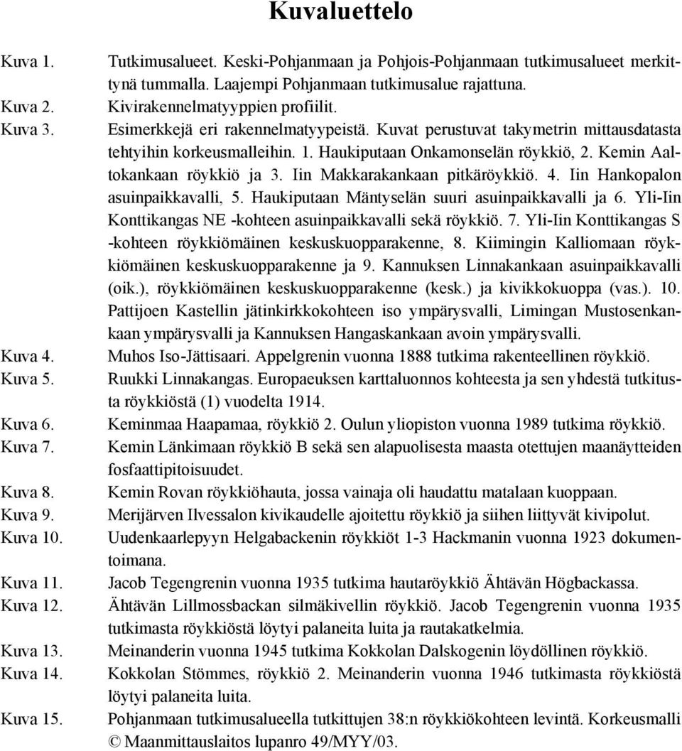 Iin Makkarakankaan pitkäröykkiö. 4. Iin Hankopalon asuinpaikkavalli, 5. Haukiputaan Mäntyselän suuri asuinpaikkavalli ja 6. Yli-Iin Konttikangas NE -kohteen asuinpaikkavalli sekä röykkiö. 7.