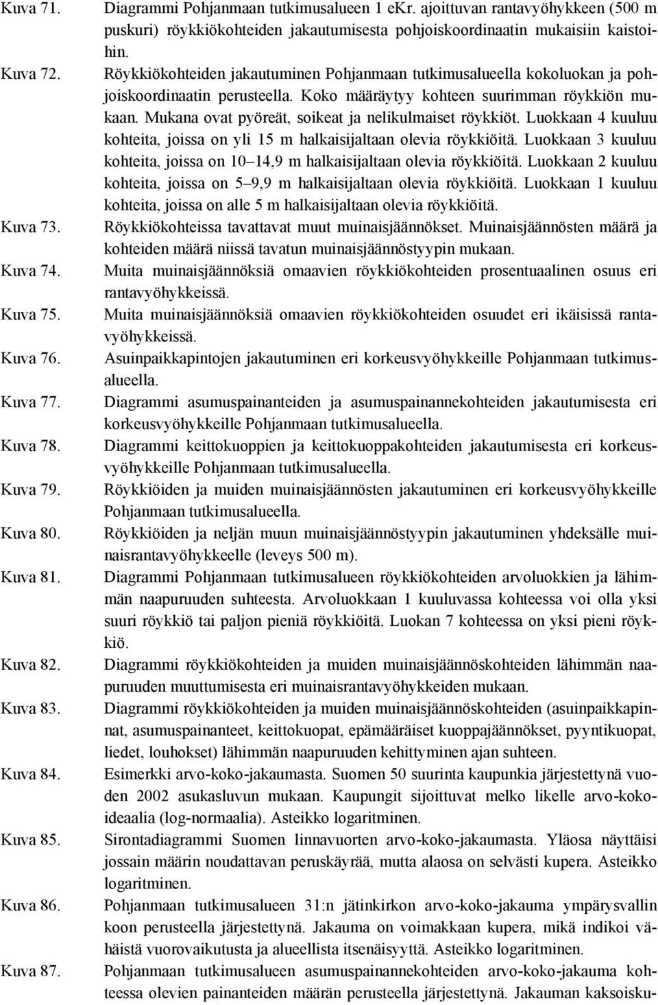 Röykkiökohteiden jakautuminen Pohjanmaan tutkimusalueella kokoluokan ja pohjoiskoordinaatin perusteella. Koko määräytyy kohteen suurimman röykkiön mukaan.
