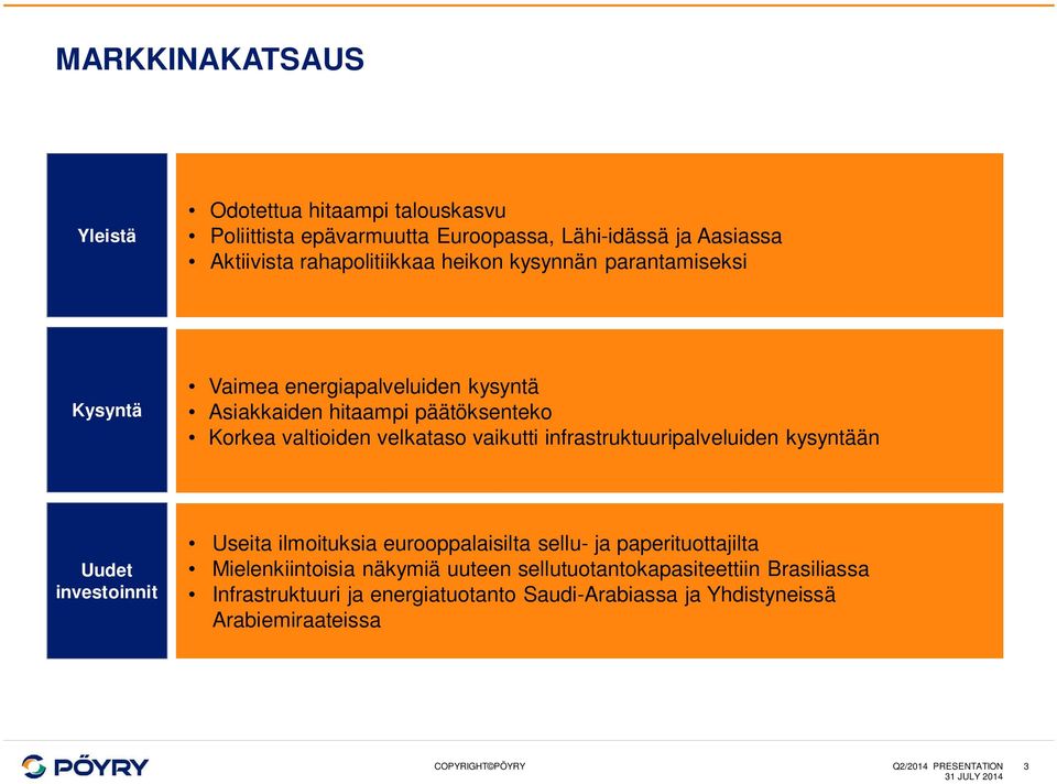 infrastruktuuripalveluiden kysyntään Uudet investoinnit Useita ilmoituksia eurooppalaisilta sellu- ja paperituottajilta Mielenkiintoisia näkymiä