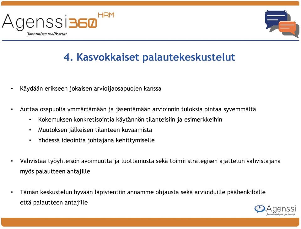 kuvaamista Yhdessä ideointia johtajana kehittymiselle Vahvistaa työyhteisön avoimuutta ja luottamusta sekä toimii strategisen ajattelun