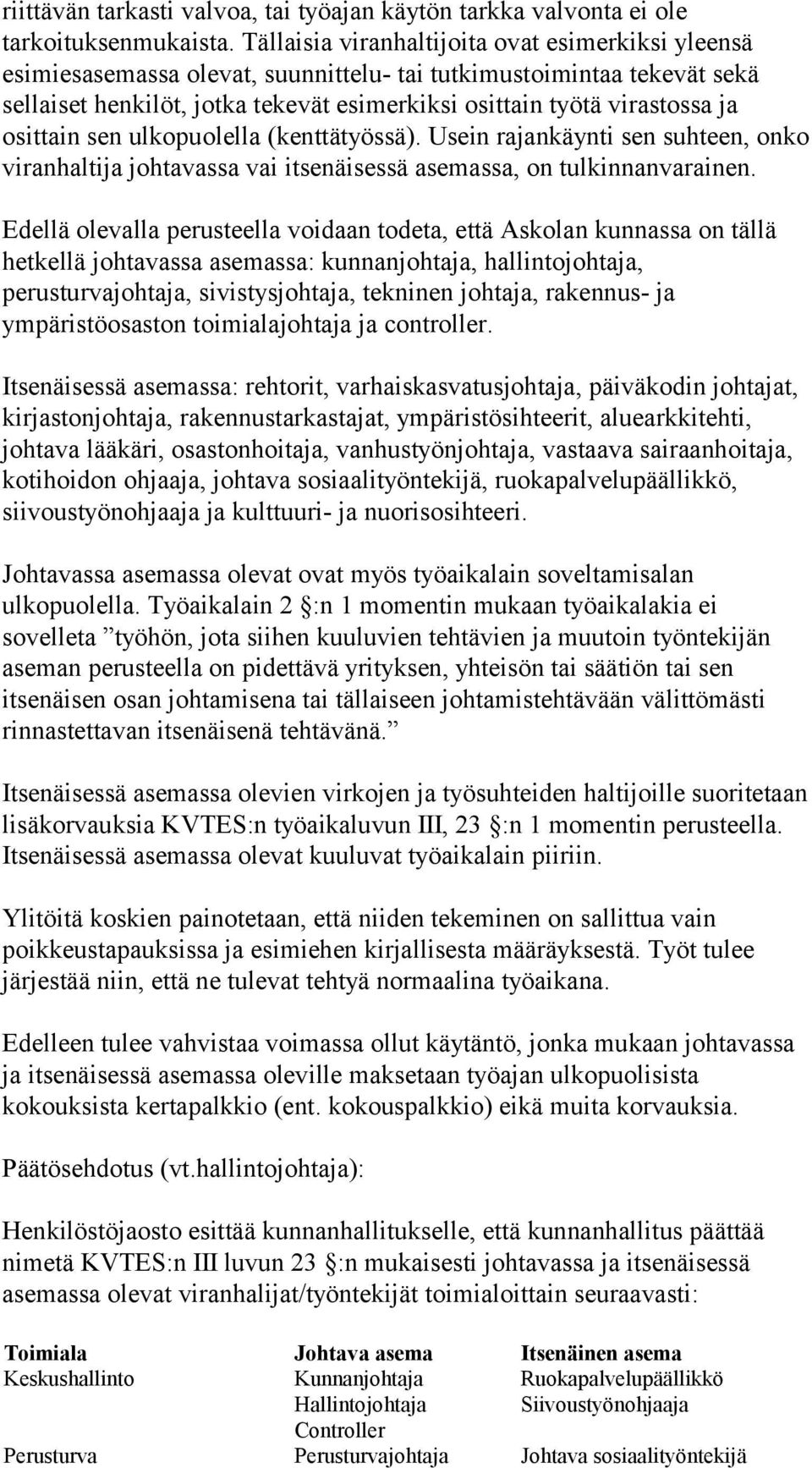 osittain sen ulkopuolella (kenttätyössä). Usein rajankäynti sen suhteen, onko viranhaltija johtavassa vai itsenäisessä asemassa, on tulkinnanvarainen.